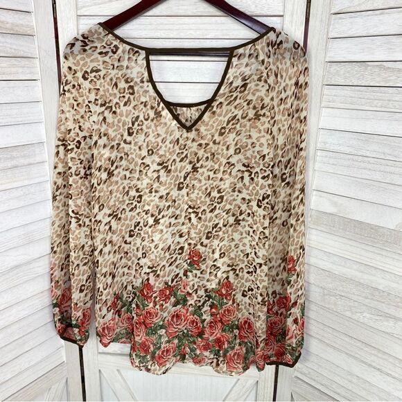Blu Pepper Leopard Roses Print Sheer Blouse Small Beige Red Back Cutout - Picture 8 of 10
